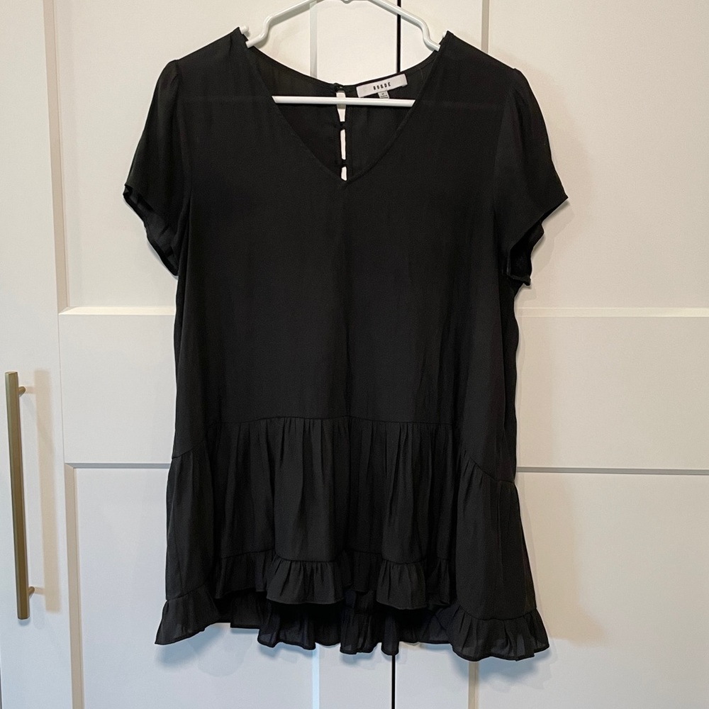 Ro + De Anthropologie Black Ruffle Bottom Short Sleeve Shirt - Picture 2 of 4